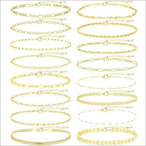 16 Piece Gold Stackable Bracelet Set, Adjustable Lobster Clasp, Hypoallergenic